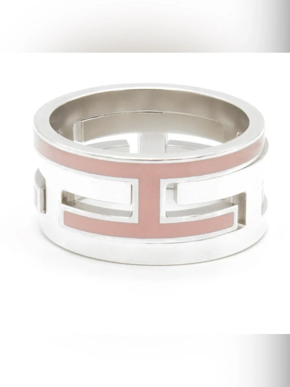 Hermès Sterling Silver Move H Ring with Pink Enamel